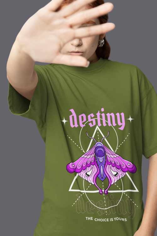 Women wearing olive green Destiny butterfly round neck T-shirt