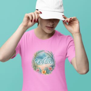 Women wearing pink Explore tropical round neck T-shirt