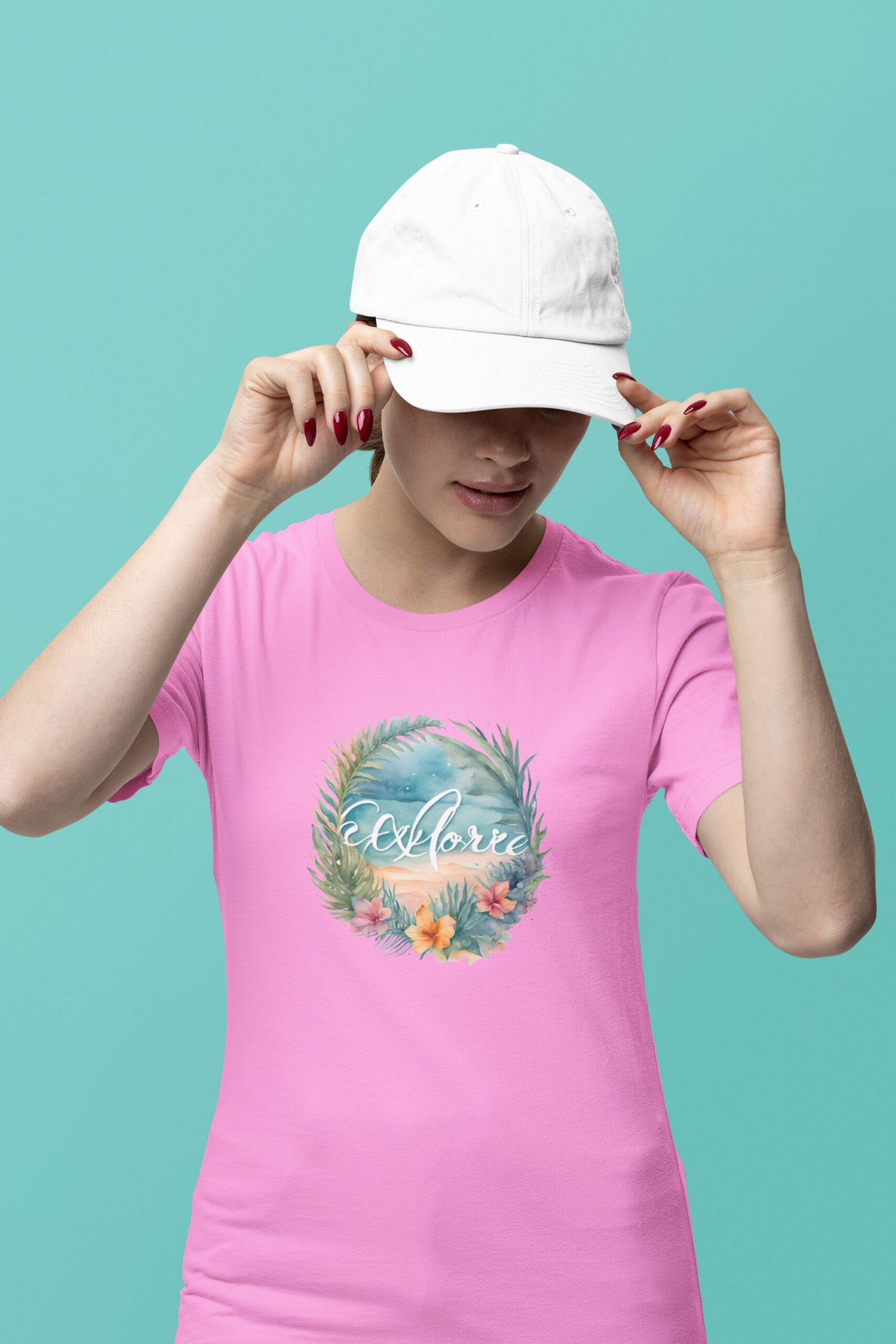 Women wearing pink Explore tropical round neck T-shirt