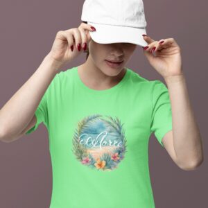 Women wearing pista green Explore tropical round neck T-shirt