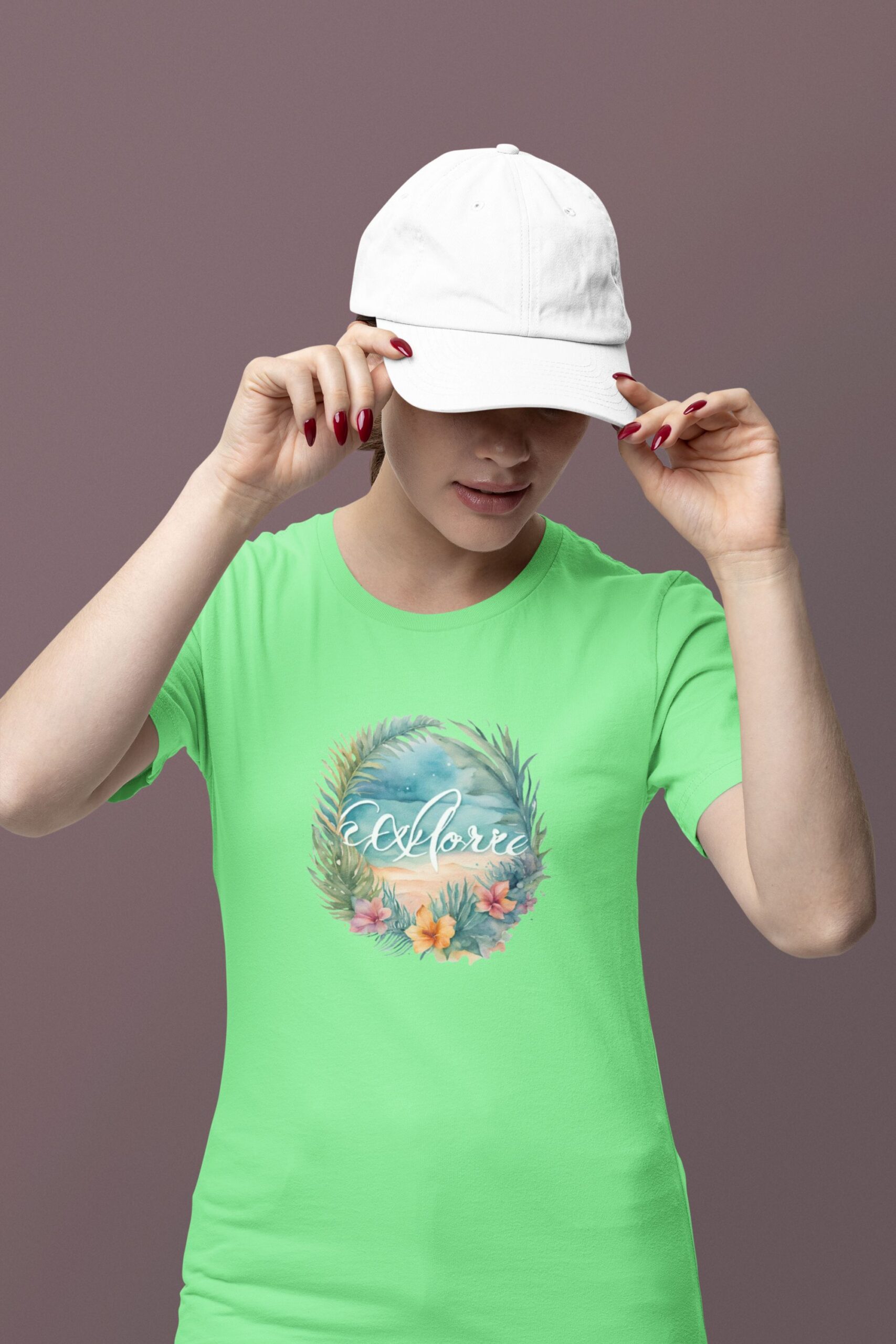 Women wearing pista green Explore tropical round neck T-shirt