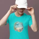 Women wearing teal sea green Explore tropical round neck T-shirt