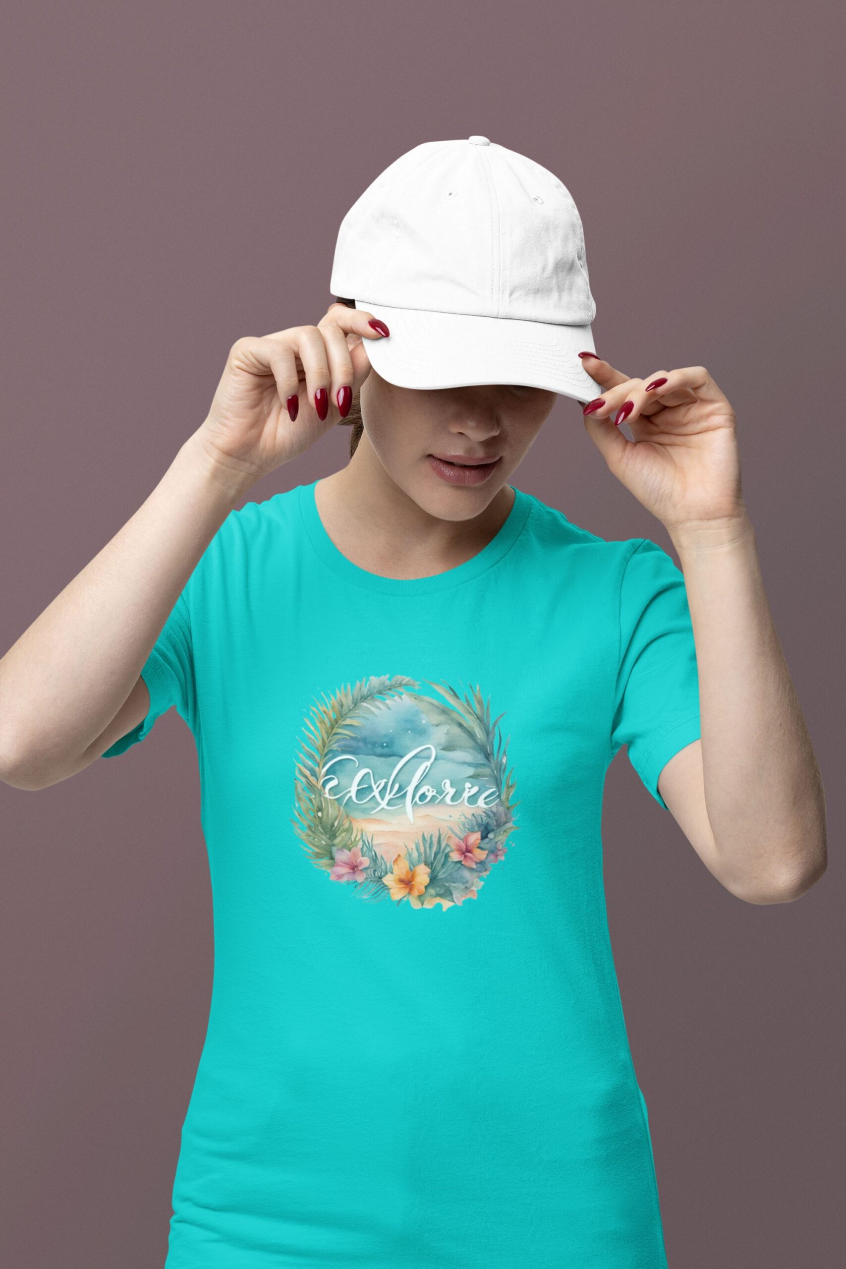 Women wearing teal sea green Explore tropical round neck T-shirt