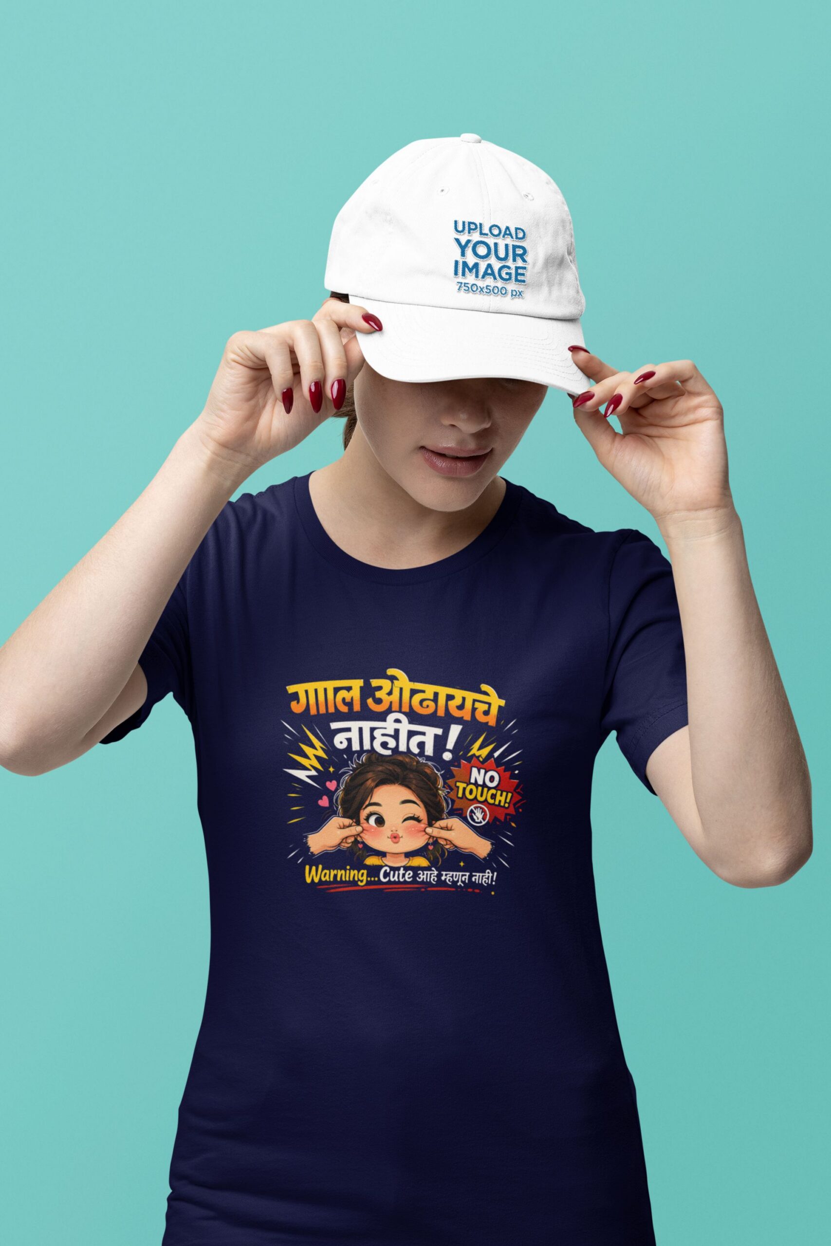 Women wearing navy blue Gal Odhayche Nahit Marathi round neck T-shirt