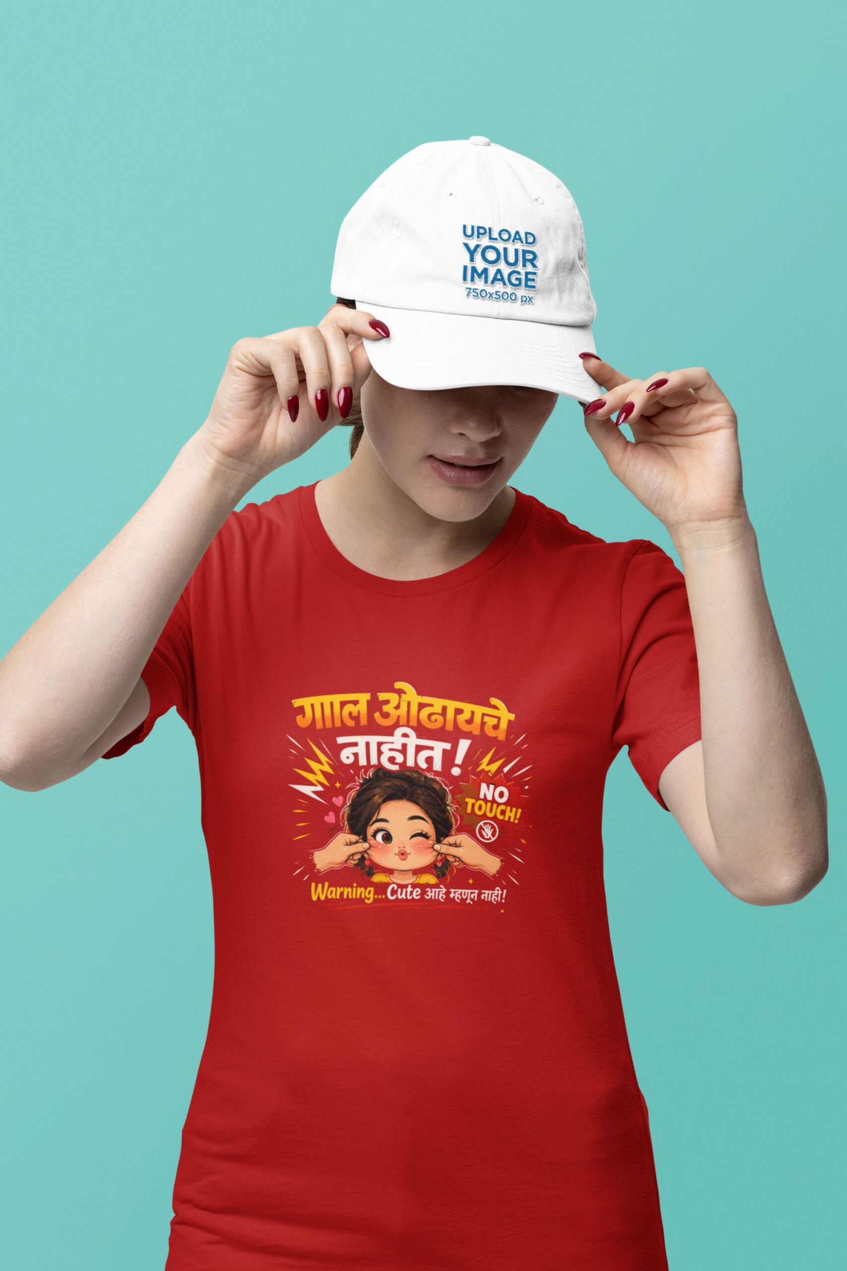 Women wearing red Gal Odhayche Nahit Marathi round neck T-shirt