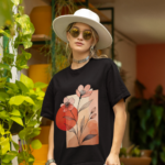 Women wearing black minimal flower oversized T-shirt