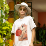 Women wearing white minimal flower oversized T-shirt