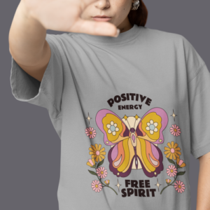 Women wearing grey Positive Energy Free Spirit butterfly round neck T-shirt