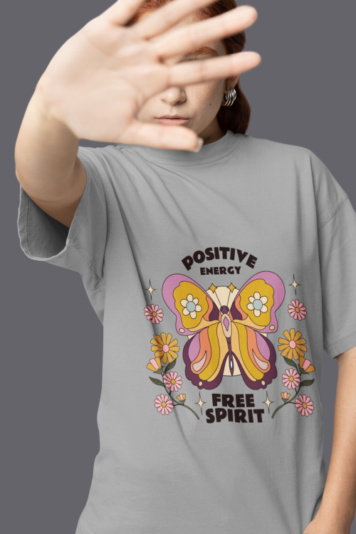 Women wearing grey Positive Energy Free Spirit butterfly round neck T-shirt