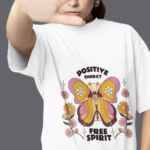 Women wearing white Positive Energy Free Spirit butterfly round neck T-shirt