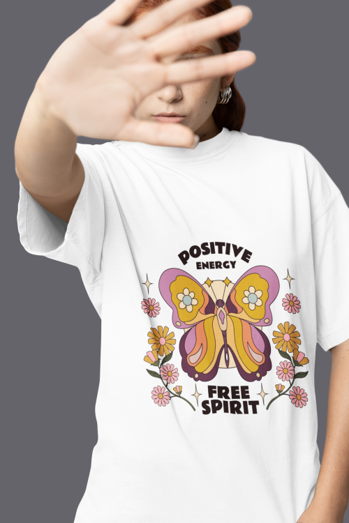 Women wearing white Positive Energy Free Spirit butterfly round neck T-shirt
